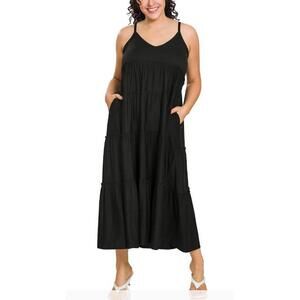 #1460 Zenana NWOT Plus Vneck Cami Maxi Tiered Dress Pockets Sizes 1X-3X Black